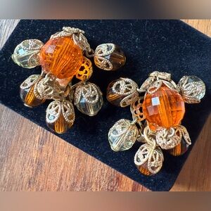 VTG Rare Napier Orange and Gold Earrings Filigree Balls